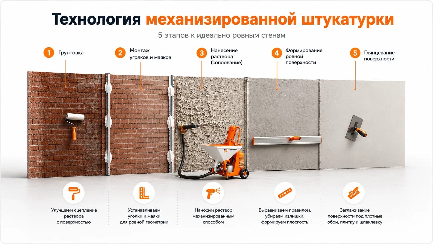 Инфографика: технология машинной гипсовой штукатурки — схема нанесения